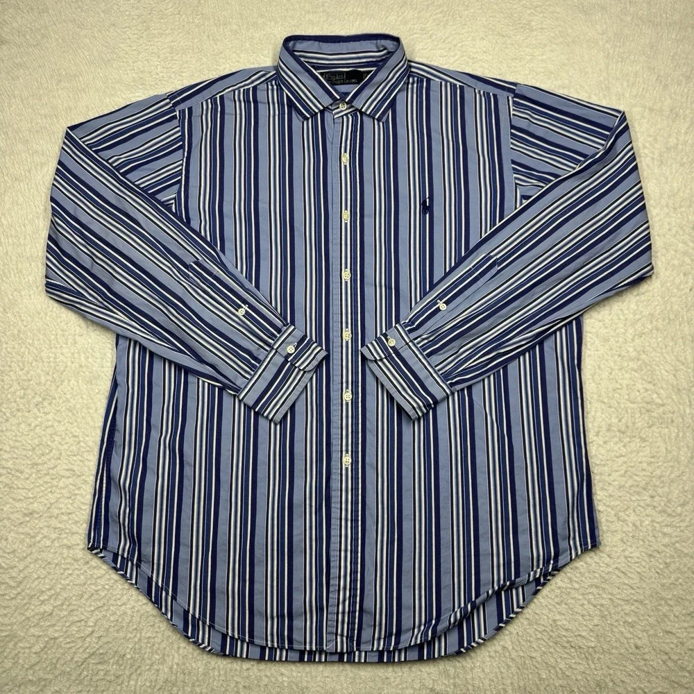 Vintage‎ Polo Ralph Lauren Shirt Button Preppy Blue Striped Men's Size XL